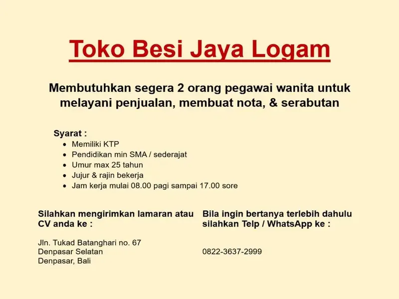 Lowongan Pegawai Wanita utk kerja di toko besi Jaya Logam - Jobs in Bali