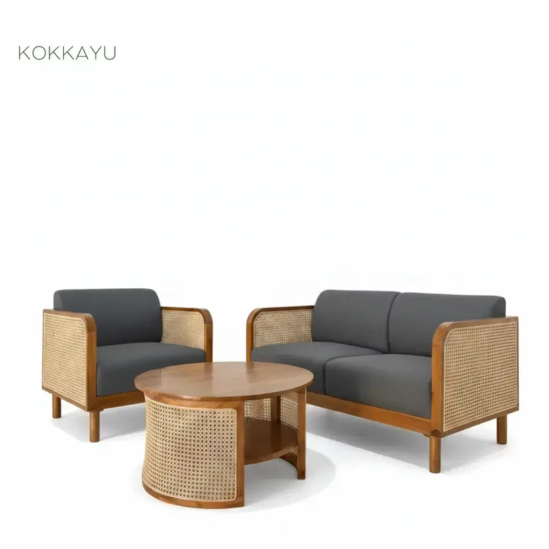 Set Kursi Ruang Tamu Japandi Rotan Meja Minimalis Retro Kayu Jati - Home & Garden in Bali