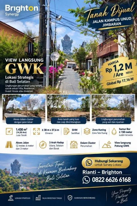 Tanah Dalam Cluster View Gwk Posisi Hook Akses 12 Meter - Real Estate in Bali
