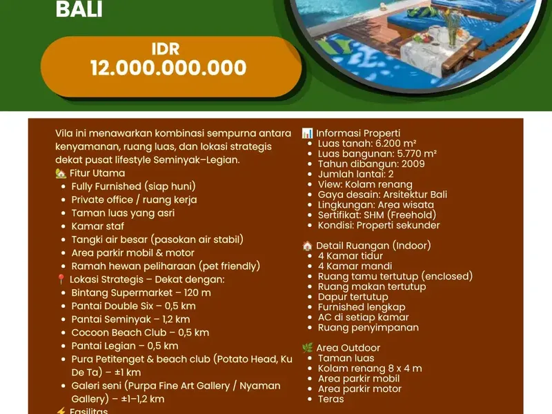dijual villa seminyak freehold bali - Real Estate in Bali