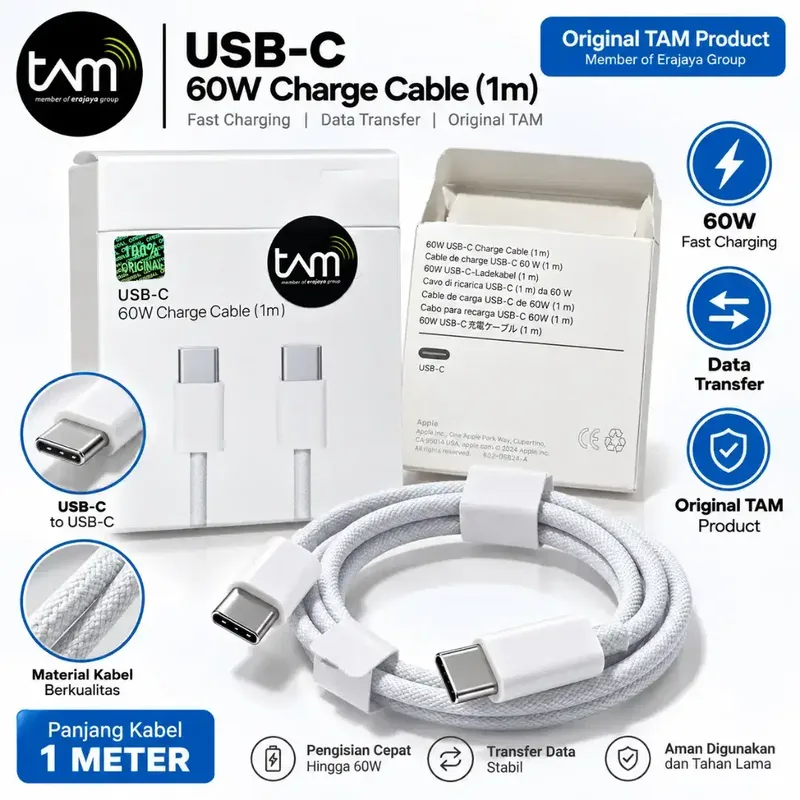 Kabel USB-C to USB-C 60W 1 Meter Original TAM – Fast Charging - Electronics in Bali