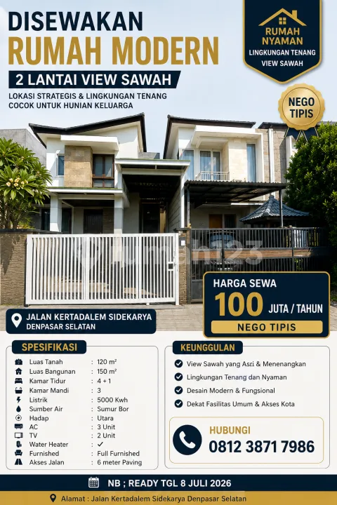 Disewakan Rumah 2 Lantai View Sawah Lokasi Jalan Kertadalem Sidekarya Denpasar Selatan - Bali in Bali