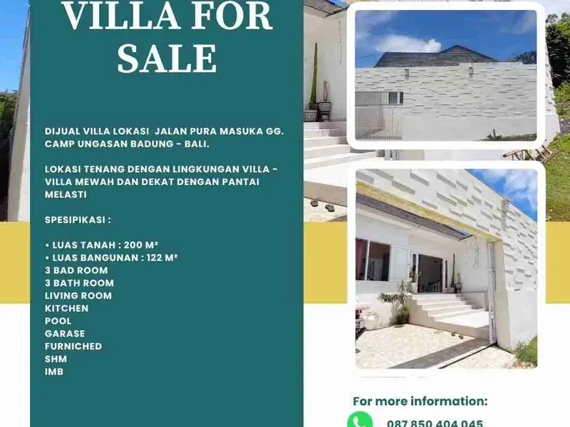 Dijual villa lokasi  Jalan Pura Masuka Gg. Camp Ungasan Badung - Bali.

Lokasi tenang dengan lingkungan villa - villa mewah dan dekat dengan Pantai Melasti - Real Estate in Bali
