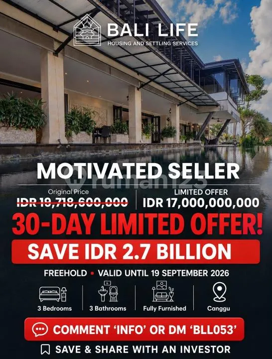 Motivated Seller 30-Day Limited Offer Luxurious 3Br Villa Canggu - Bali in Bali