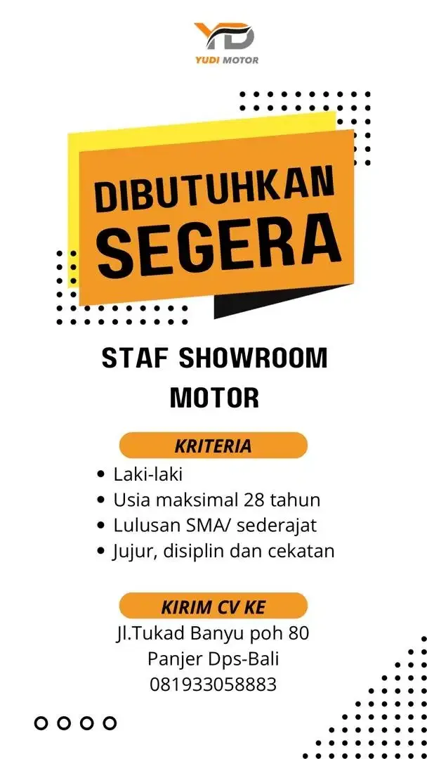 Dibutuhkan Staff Karyawan Untuk Showroom Motor! - Jobs in Bali