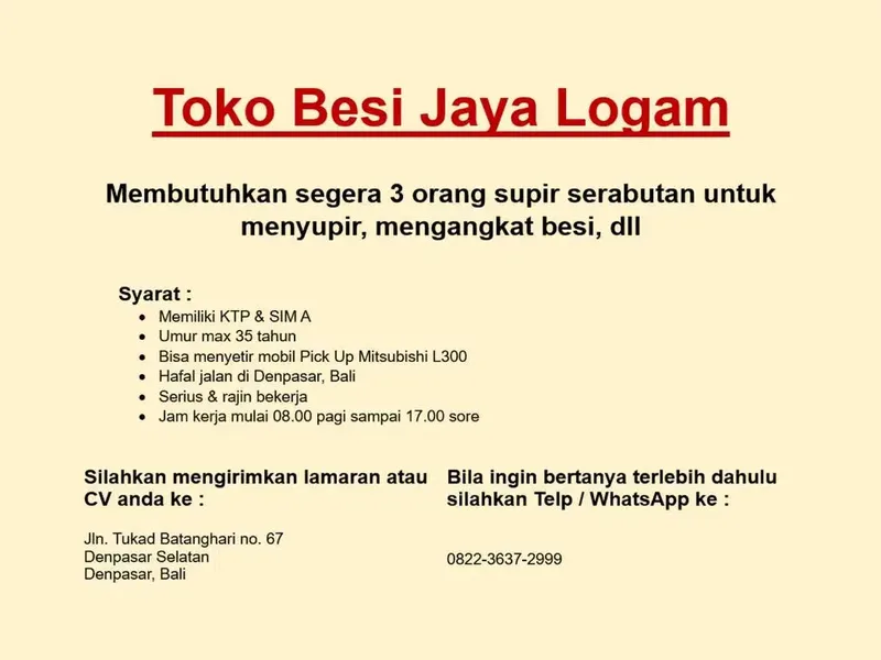 Lowongan Supir Serabutan di Toko Besi Jaya Logam - Jobs in Bali