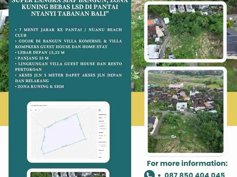 Di jual tanah fuul view sawah super langka, siap Bangun zona kuning Bebas LSD Di pantai nyanyi Tabanan Bali - Real Estate in Bali