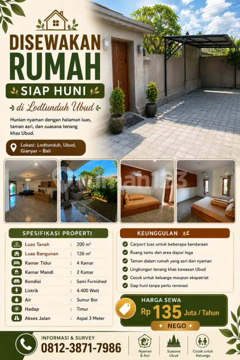 Disewakan Rumah Lantai 1 Lokasi Lodtunduh Ubud Gianyar Bali - Real Estate in Bali