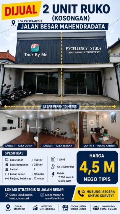 Dijual 2 Unit Ruko Kosongan Lokasi Jalan Utama Mahendradatta Padangsambian Denpasar Barat - Bali in Bali