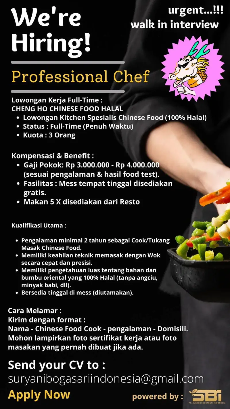 LOWONGAN KERJA UTAMA: Chef Spesialis Chinese Food Halal (Full-Time) - Jobs in Bali