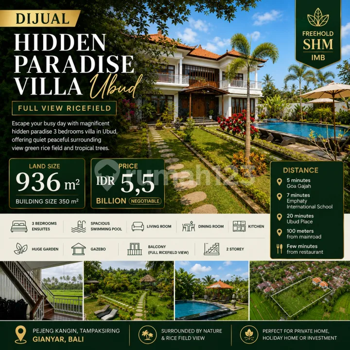 Freehold Villa Near Ubud | 936 MÂ² | Peaceful Rice Field View 360 - Real Estate in Bali