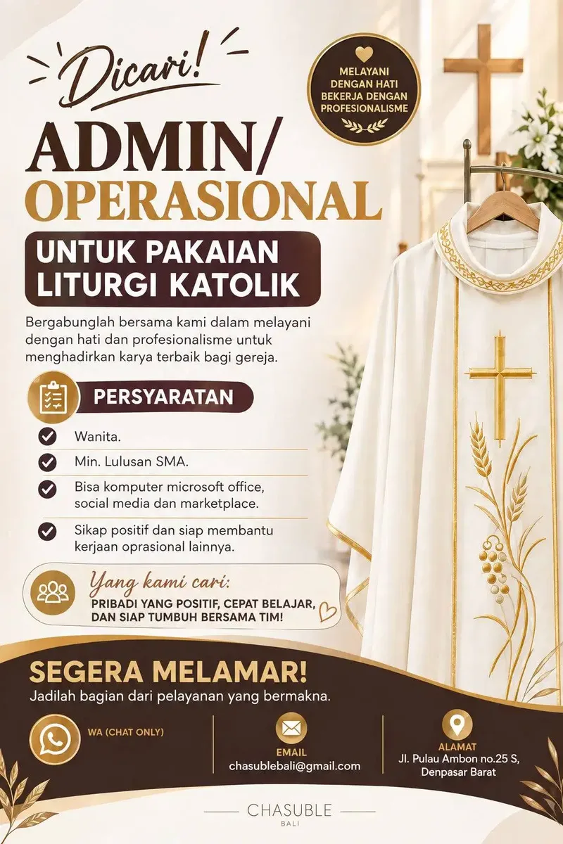 Dicari Admin untuk pakaian Liturgi Katolik - Jobs in Bali