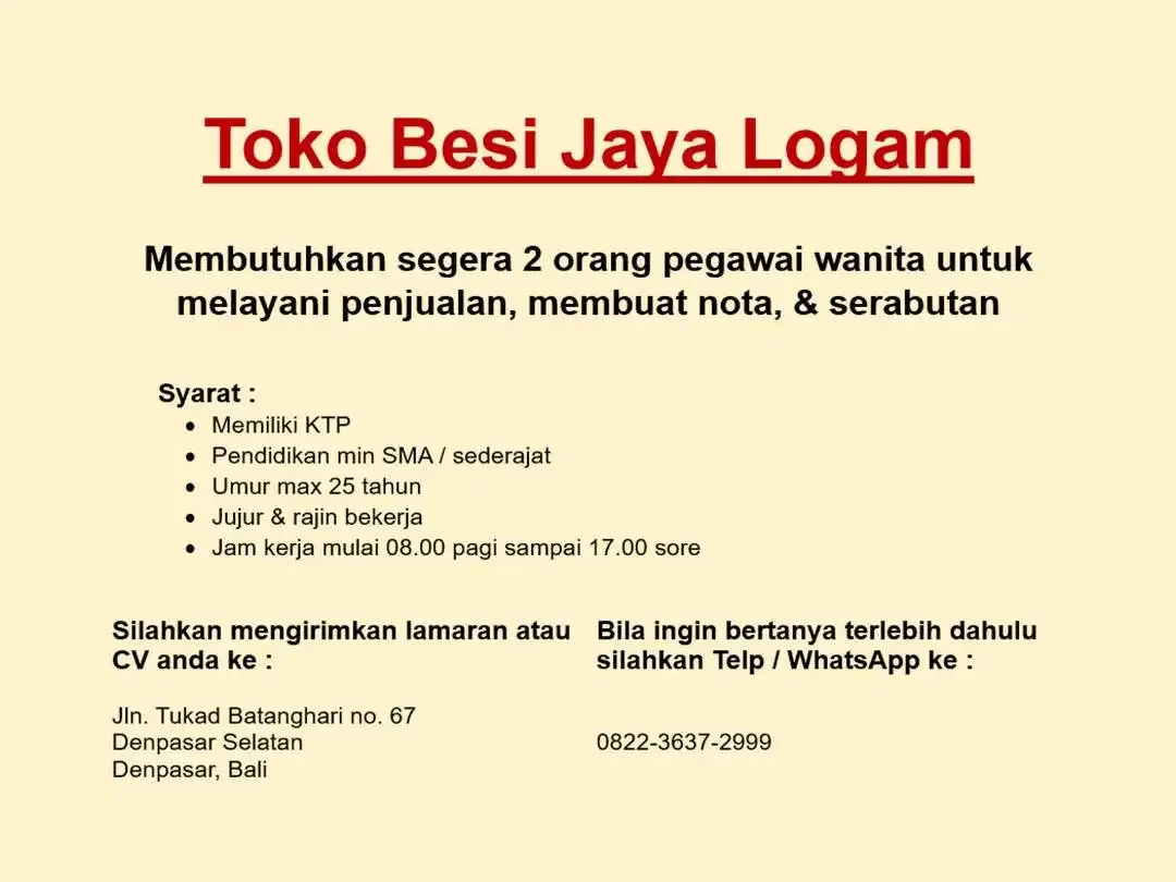 Lowongan Pegawai Wanita utk kerja di toko besi Jaya Logam - Image 1 of 4