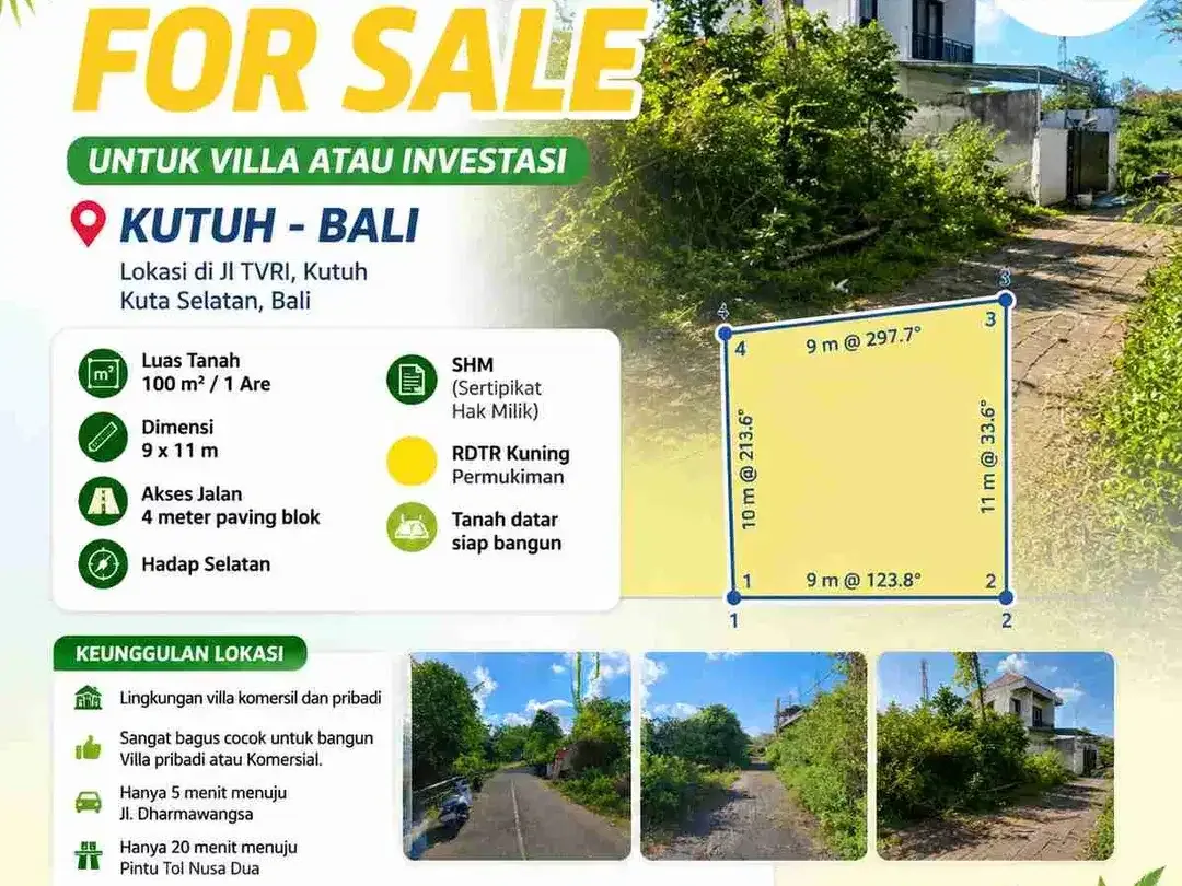 Jual Cepat Tanah Luas 1 are/100m2 Zona Kuning area Kutuh Kuta selatan. area Investasi - Image 1 of 6