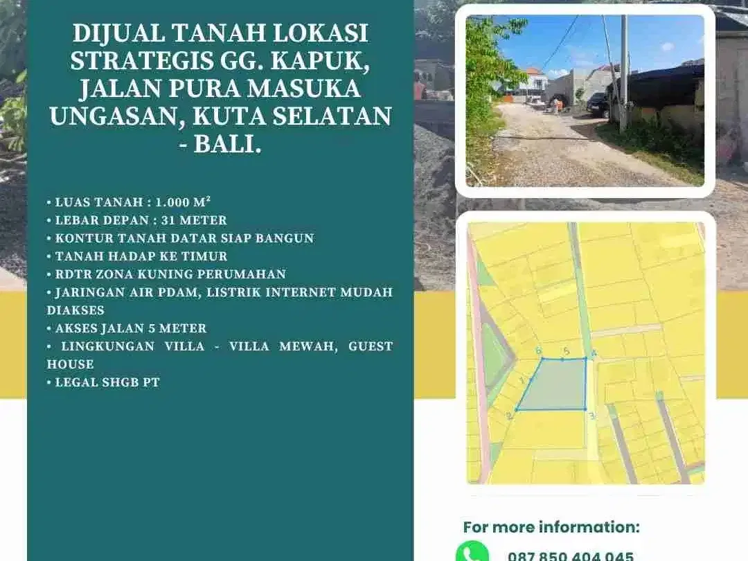 Dijual Tanah lokasi Strategis Gg. Kapuk, Jalan Pura Masuka Ungasan, Kuta Selatan - Bali. - Image 2 of 5
