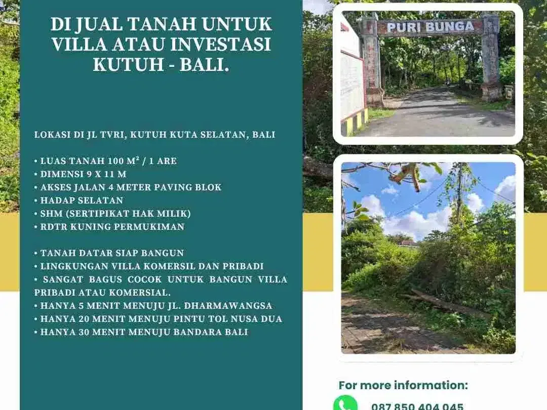 TANAH FOR SALE UNTUK VILLA ATAU INVESTASI  Kutuh - Bali. - Image 2 of 6
