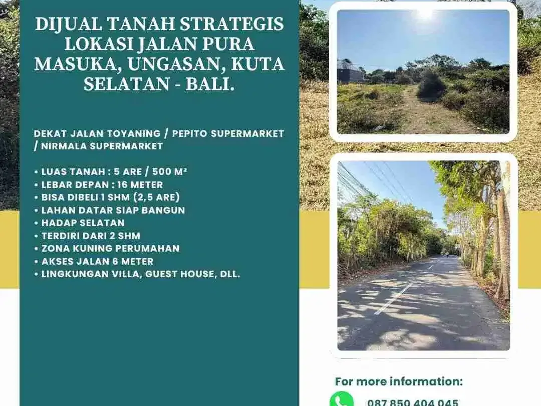 Dijual Tanah Strategis Lokasi Jalan Pura Masuka, Ungasan, Kuta Selatan - Bali. - Image 1 of 6