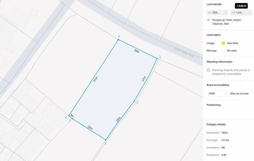 Prime land of 1446 sqm for sale in Pangkung Tibah Beach area, Tabanan - Image 6 of 7