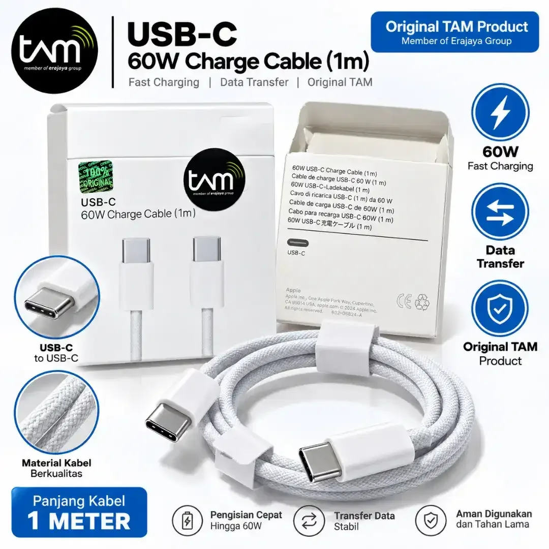 Kabel USB-C to USB-C 60W 1 Meter Original TAM – Fast Charging - Image 1 of 1
