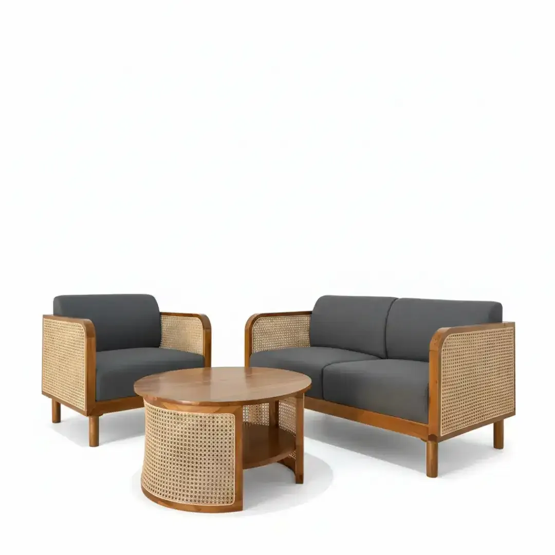Set Kursi Ruang Tamu Japandi Rotan Meja Minimalis Retro Kayu Jati - Image 2 of 4