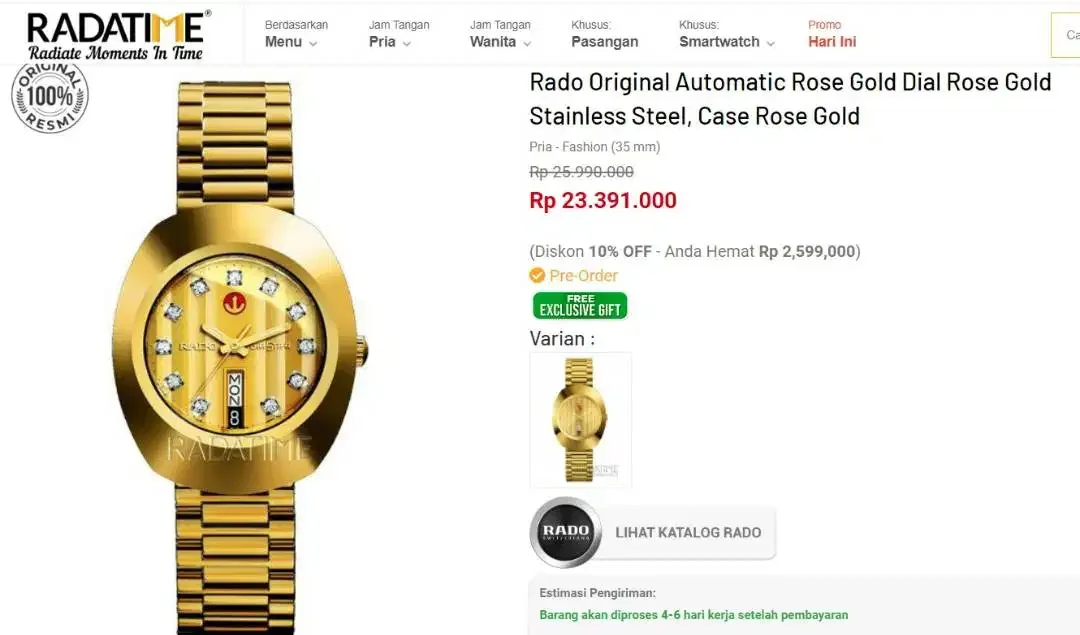 Jam tangan mewah RADO Diastar - gold - antique preloved / Kolektor jam - Image 1 of 1