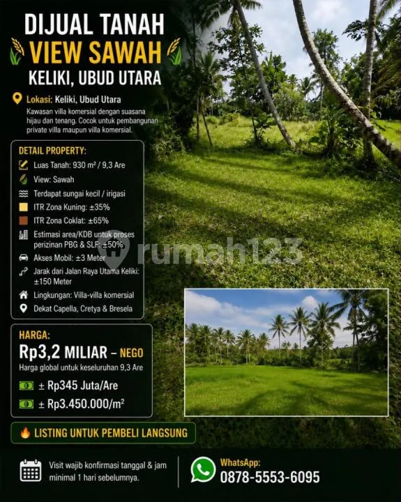 Dijual Tanah View Sawah Keliki, Ubud Utara Lingkungan Vila Vila - Image 1 of 4