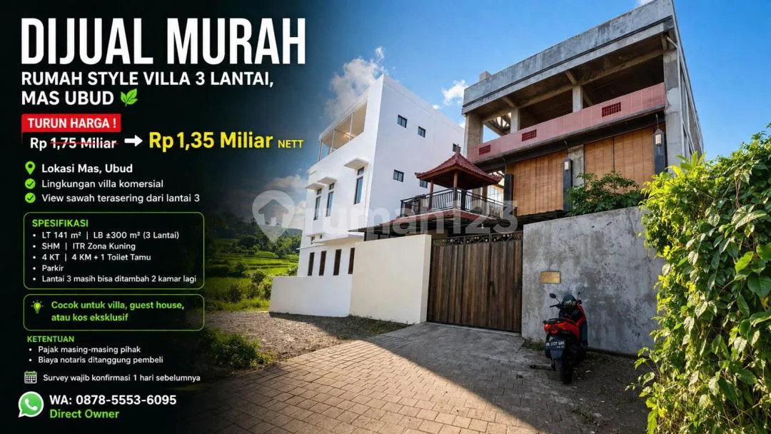 Dijual Murah - Rumah Style Villa 3 Lantai, Mas Ubud View Sawah - Image 1 of 4