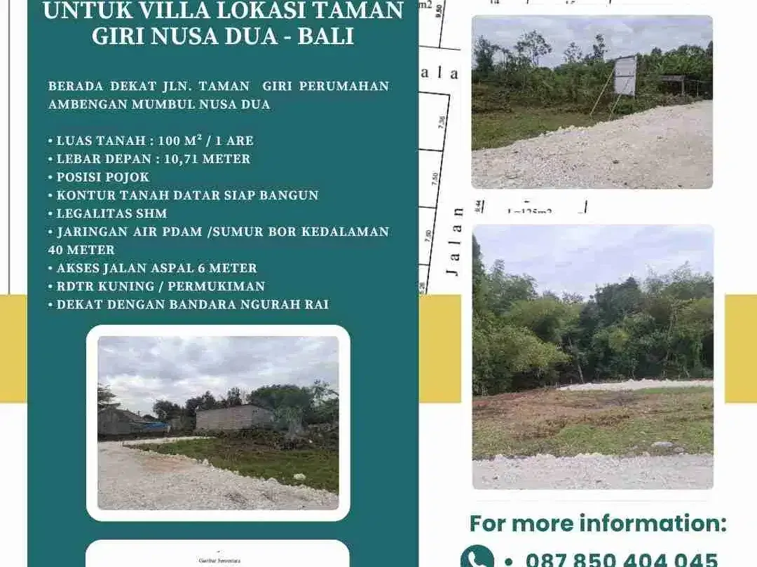 DIJUAL TANAH LUASAN KECIL UNTUK VILLA LOKASI TAMAN GIRI NUSA DUA - BALI - Image 1 of 6