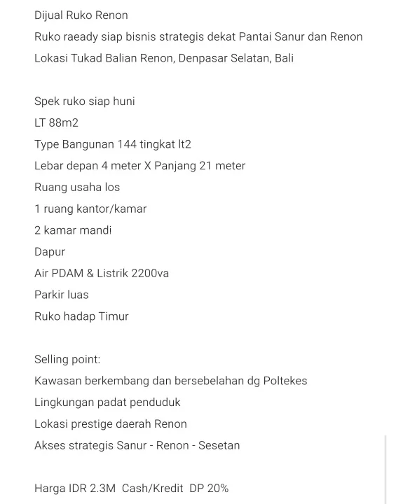 Jual Cepat Ruko Strategis Renon Sanur Denpasar Bali - Image 2 of 4