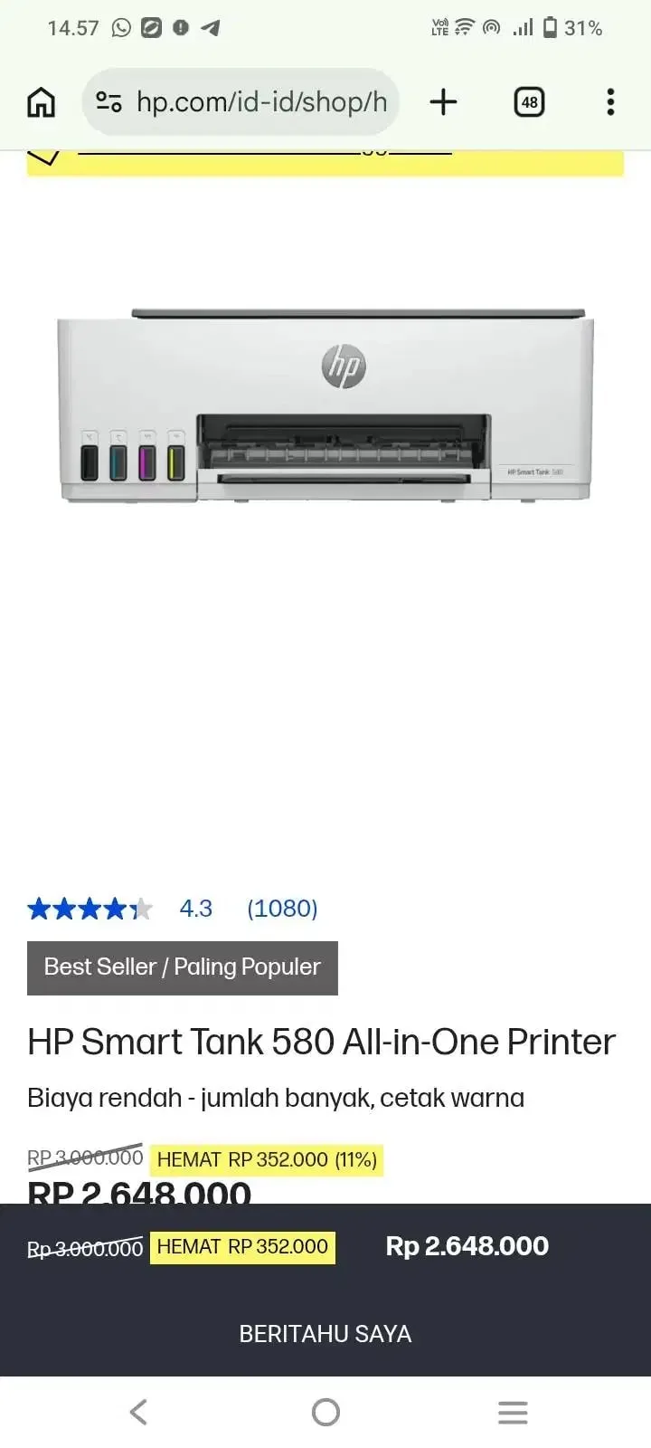 printer hp smart tank 580 jarang di pakai no minus dlu belinya 2.8jt - Image 4 of 4