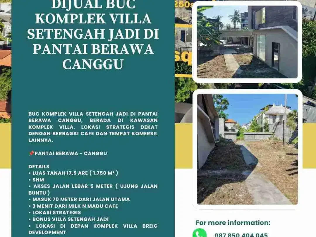 BUC Komplek villa setengah jadi di pantai Berawa Canggu, berada di kawasan komplek villa. Lokasi strategis dekat dengan berbagai cafe dan tempat komersil lainnya. - Image 1 of 4