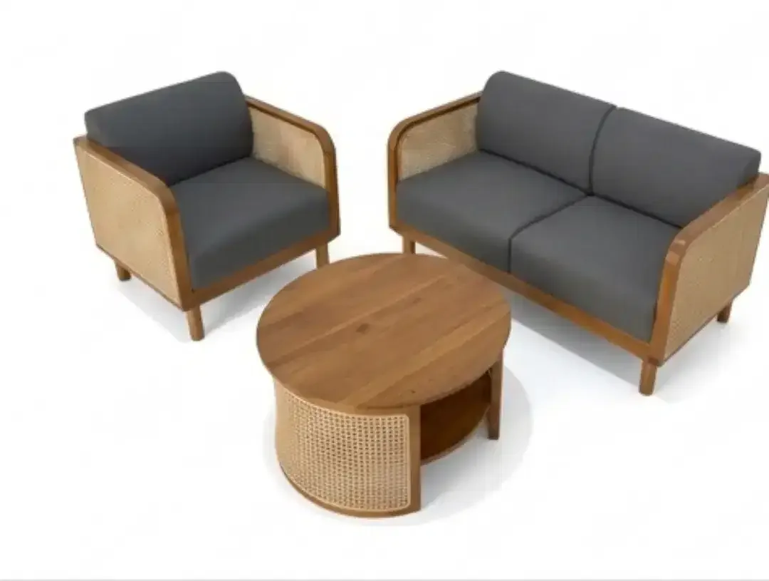 Set Kursi Ruang Tamu Japandi Rotan Meja Minimalis Retro Kayu Jati - Image 3 of 4