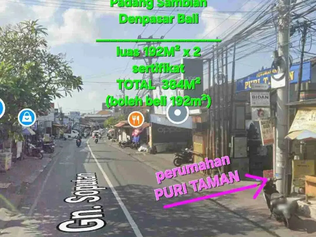Jual tanah 192m2 x 2 di perumahan PURI TAMAN jln GUNUNG SOPUTAN area TEUKU UMAR BARAT padang sambian Denpasar Bali - Image 1 of 10