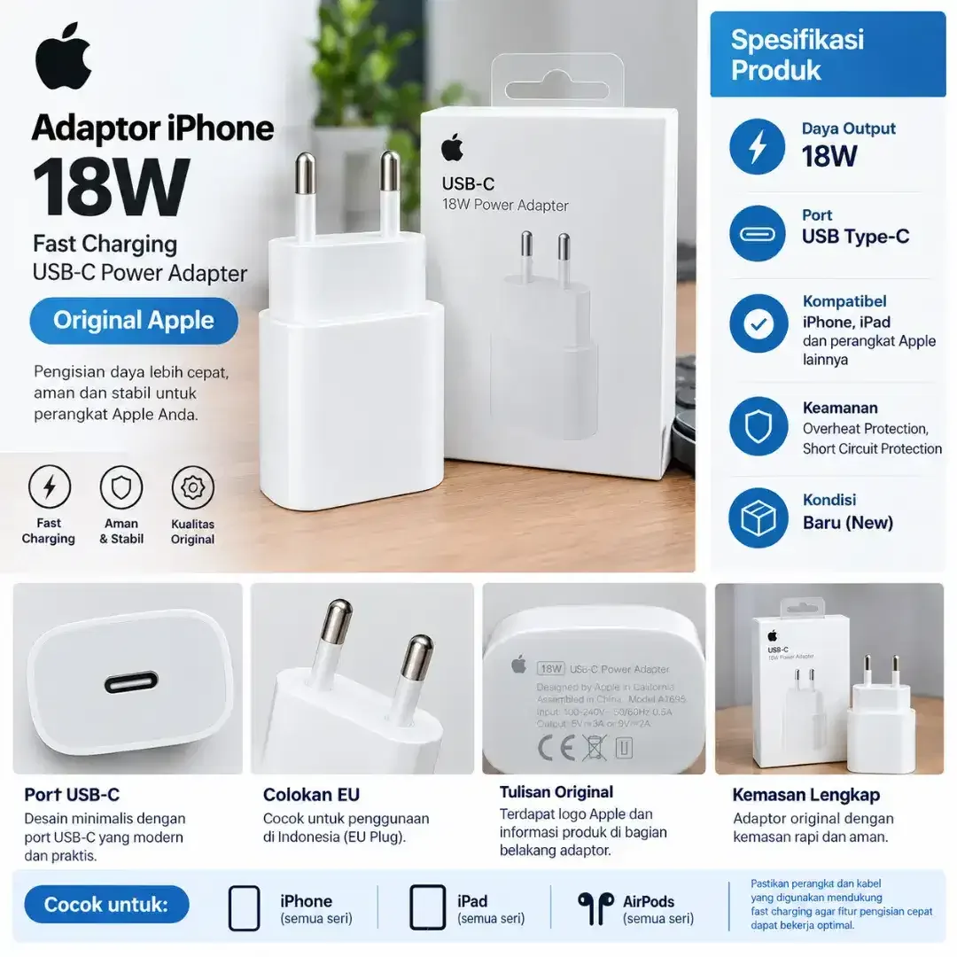 Adapter iPhone 18W Baru Fast Charging - Image 1 of 1