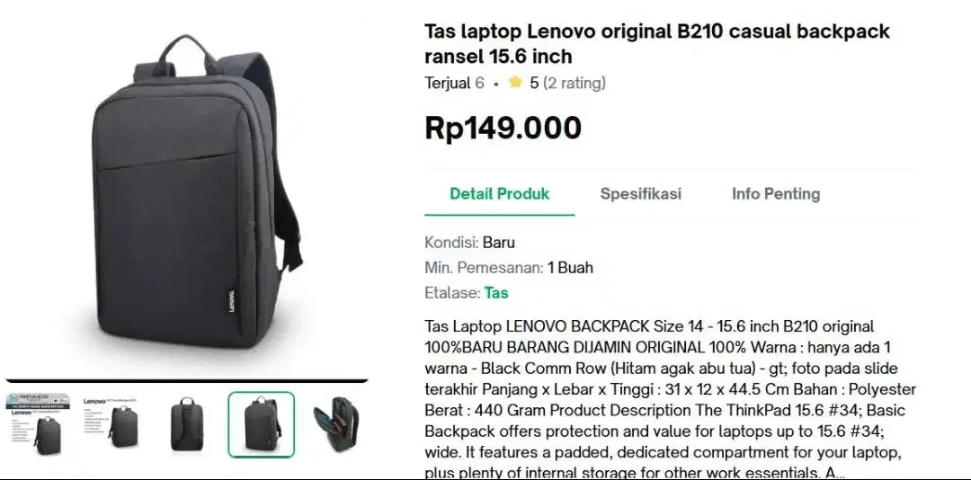[FS] Tas Ransel Laptop Lenovo Original B210 15.6 inch - Image 6 of 6