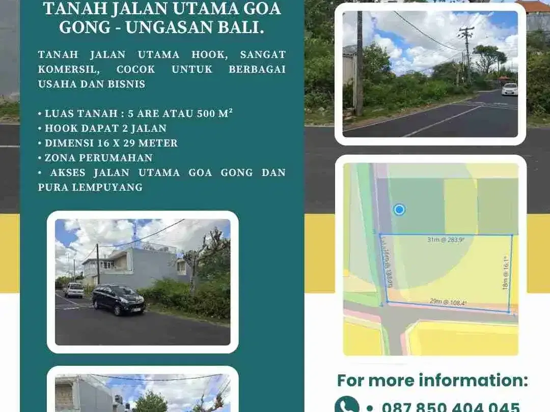 DIJUAL / DISEWAKAN TANAH JALAN UTAMA GOA GONG - UNGASAN BALI. - Image 2 of 6