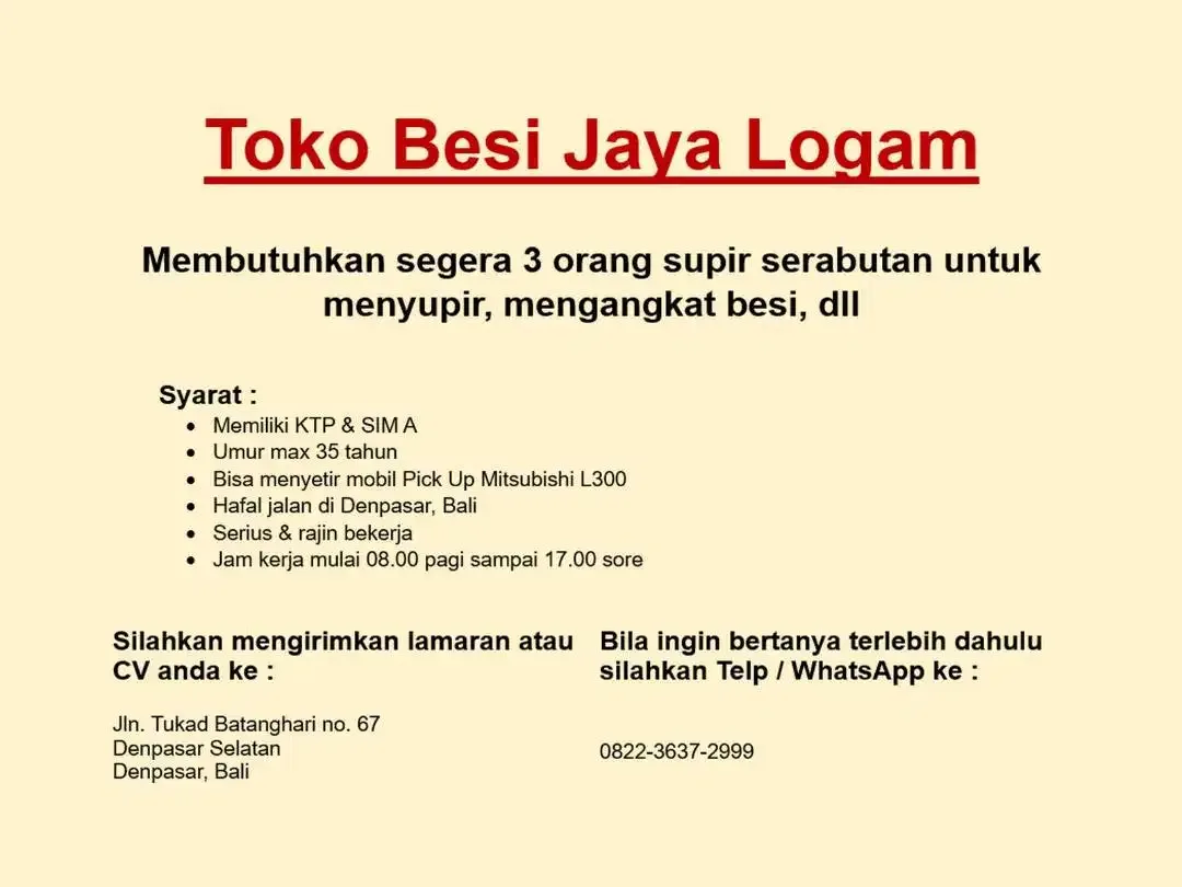Lowongan Supir Serabutan di Toko Besi Jaya Logam - Image 1 of 4