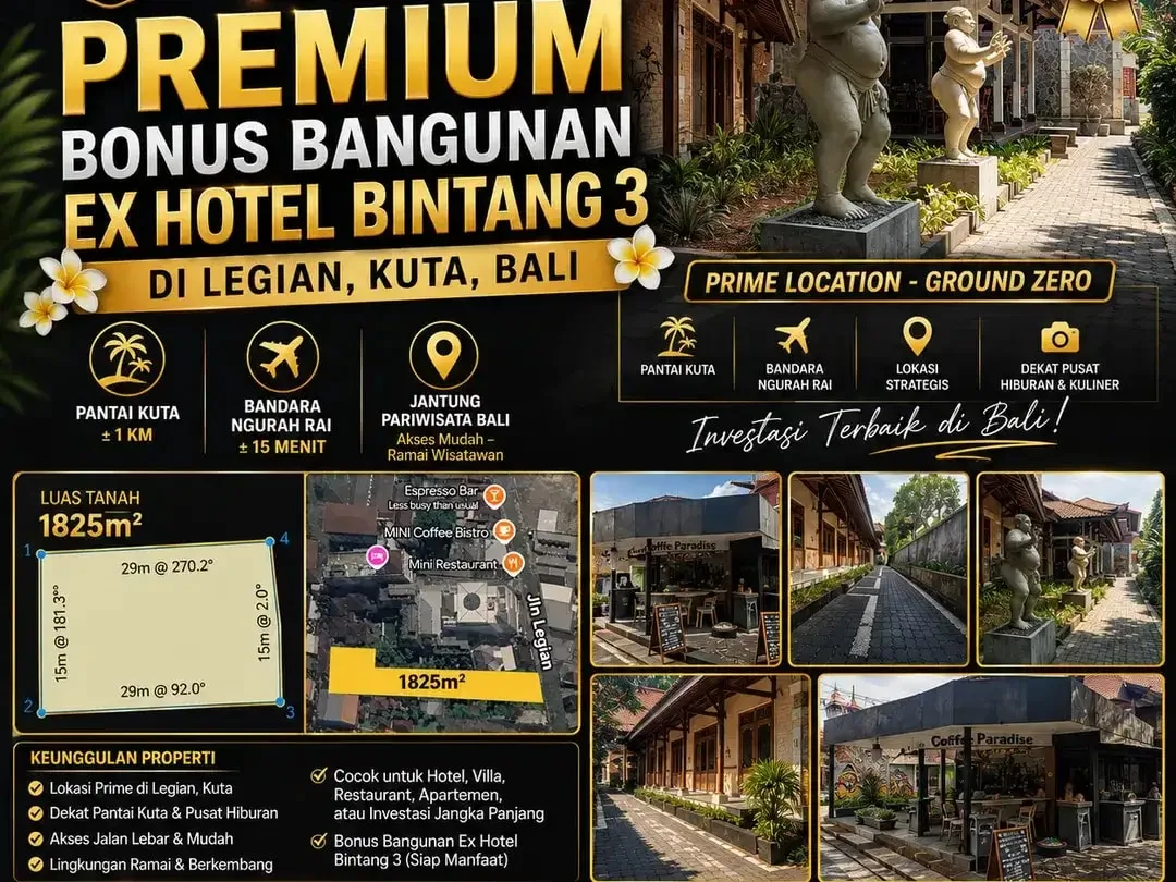 TANAH PREMIUM BONUS BANGUNAN EX HOTEL BINTANG 3 DI JL RAYA LEGIAN DEKAT PANTAI KUTA - Image 1 of 10