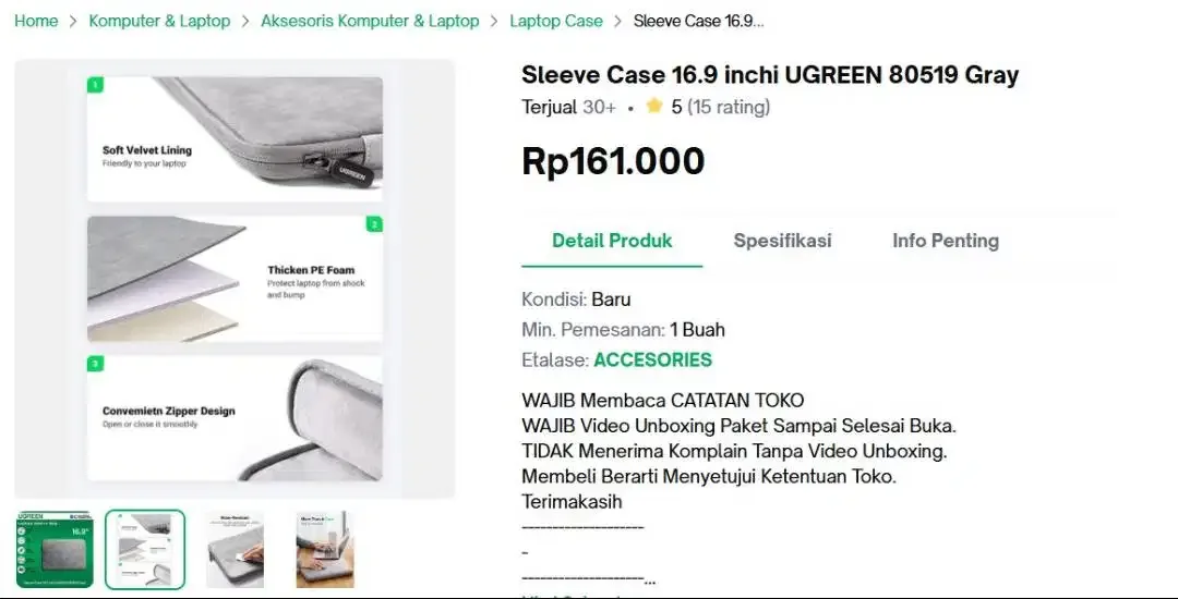[FS] Sleeve Case Laptop Cover 16.9 inchi UGREEN 80519 Gray - Image 4 of 4