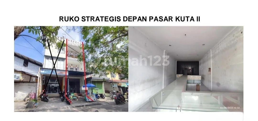 Ruko 4LT Lokasi Strategis Di Depan Pasar Kuta II Siap Untuk Usaha 


Spesifikasi :


Luas Tanah : 93mÂ²


Luas Bangunan : 277mÂ²


Tingkat : 4 Lantai


Kamar Tidur : 4


Kamar Mandi : 5


PLN : 3300 - Image 1 of 3