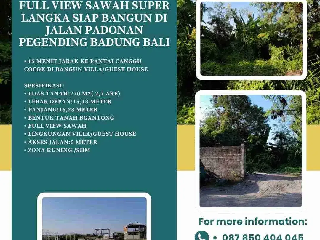 Dijual Tanah full view sawah super langka siap Bangun Di jalan padonan pegending Badung Bali - Image 2 of 6