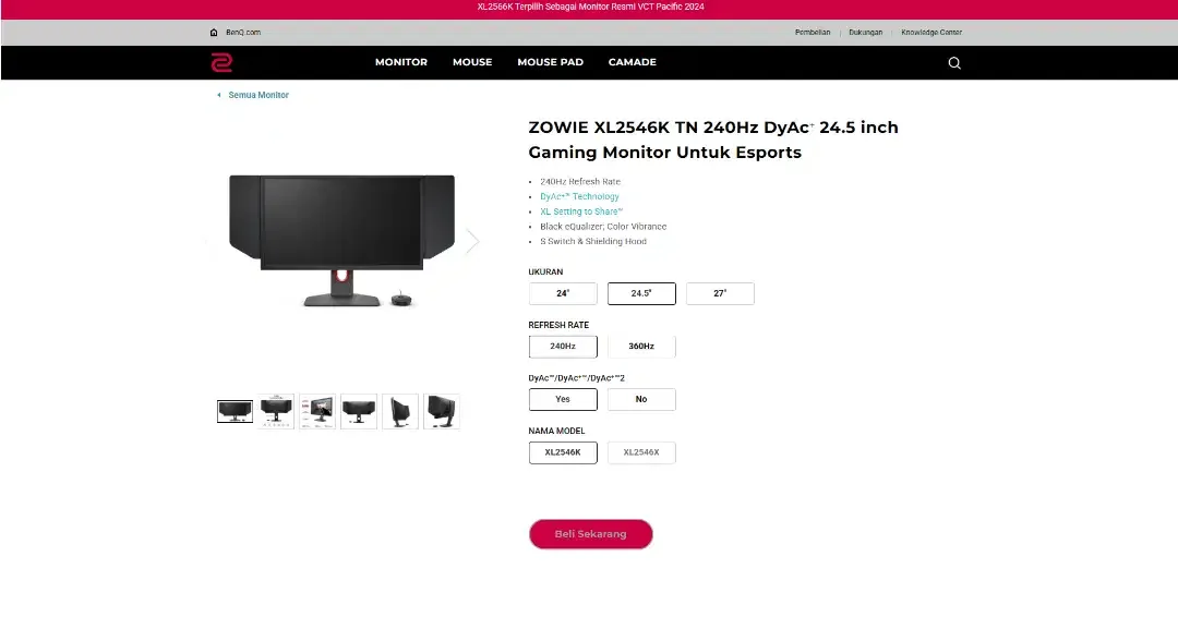 ZOWIE XL2546K TN 240Hz DyAc+ 24.5 inch Gaming Monitor Untuk Esports - Image 1 of 2