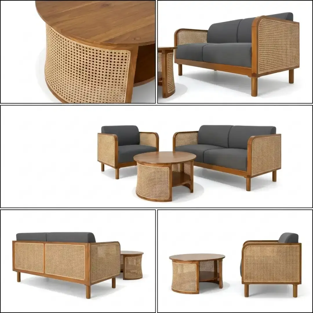Set Kursi Ruang Tamu Japandi Rotan Meja Minimalis Retro Kayu Jati - Image 4 of 4