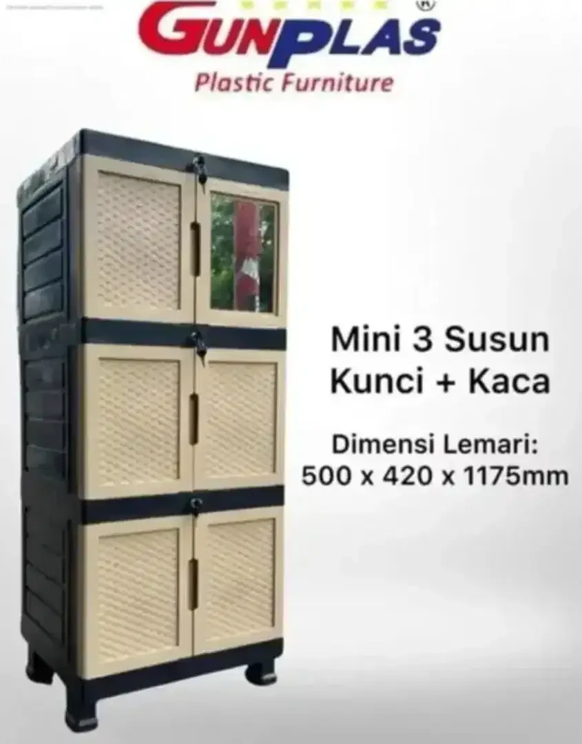 Lemari GUNPLAS Mini 3susun Kunci + Kaca Cermin - Image 1 of 1