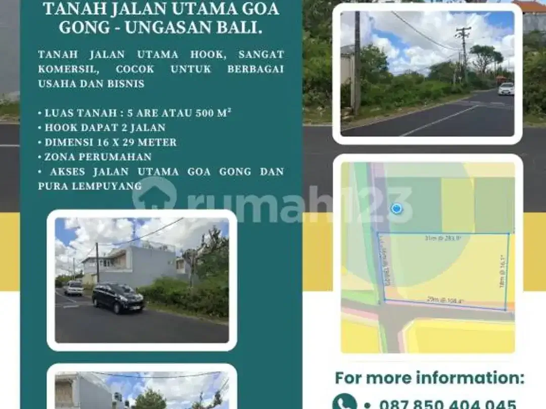 Dijual atau Disewakan Tanah Jalan Utama Goa Gong - Ungasan Bali - Image 2 of 5