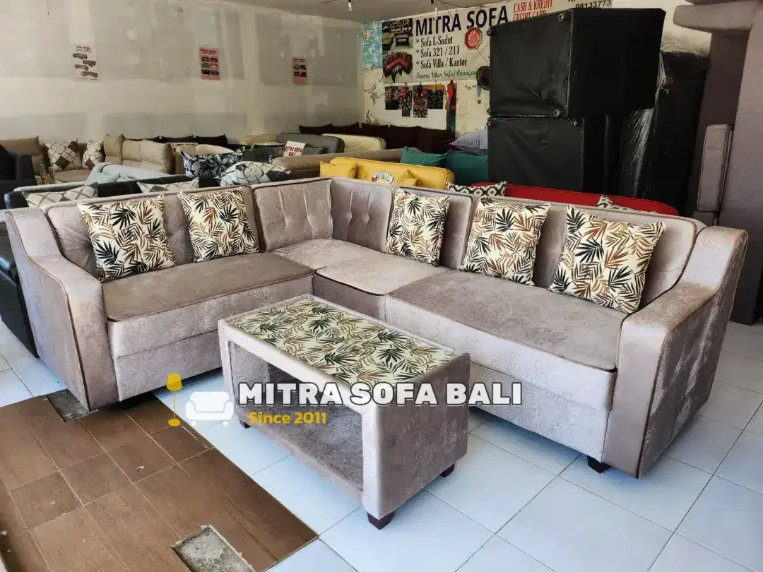 Sofa sudut L warna abù2 tua+ meja bunus bantal 5 - Image 1 of 1