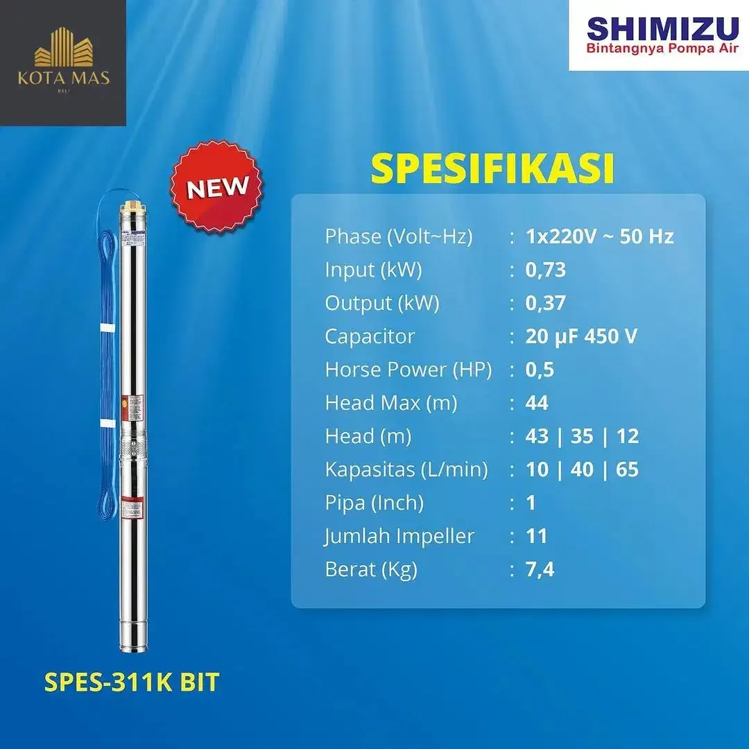 Pompa Air Celup Submersible Pump Shimizu 1/2 HP 3 Inch Kabel 40 Meter - Image 2 of 4