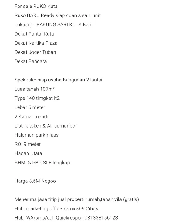 Jual Ruko Strategis Pusat Wisata Pantai Kuta Bali - Image 2 of 3