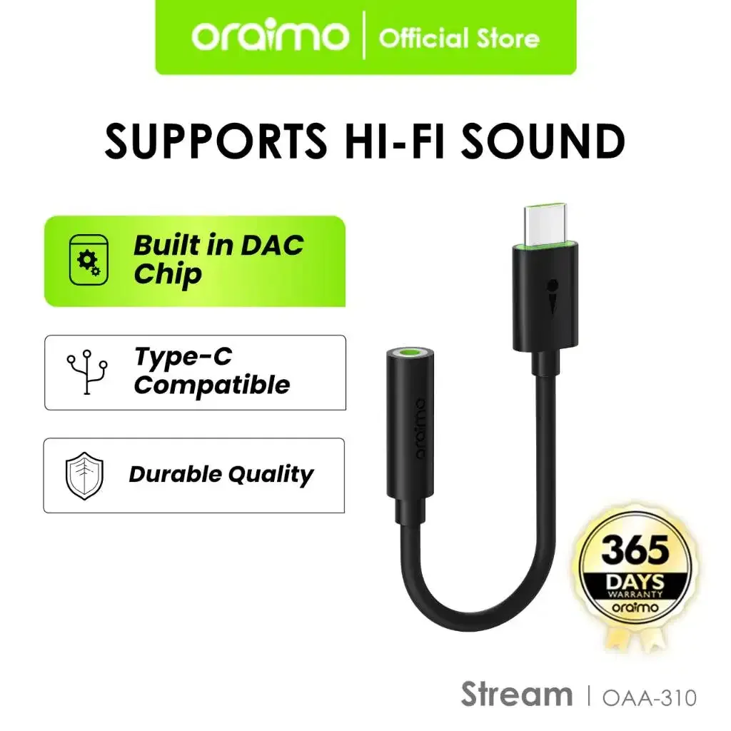 Oraimo Audio Adapter Stream Connector Aux Headphone Jack to Type-C Dur - Image 1 of 1