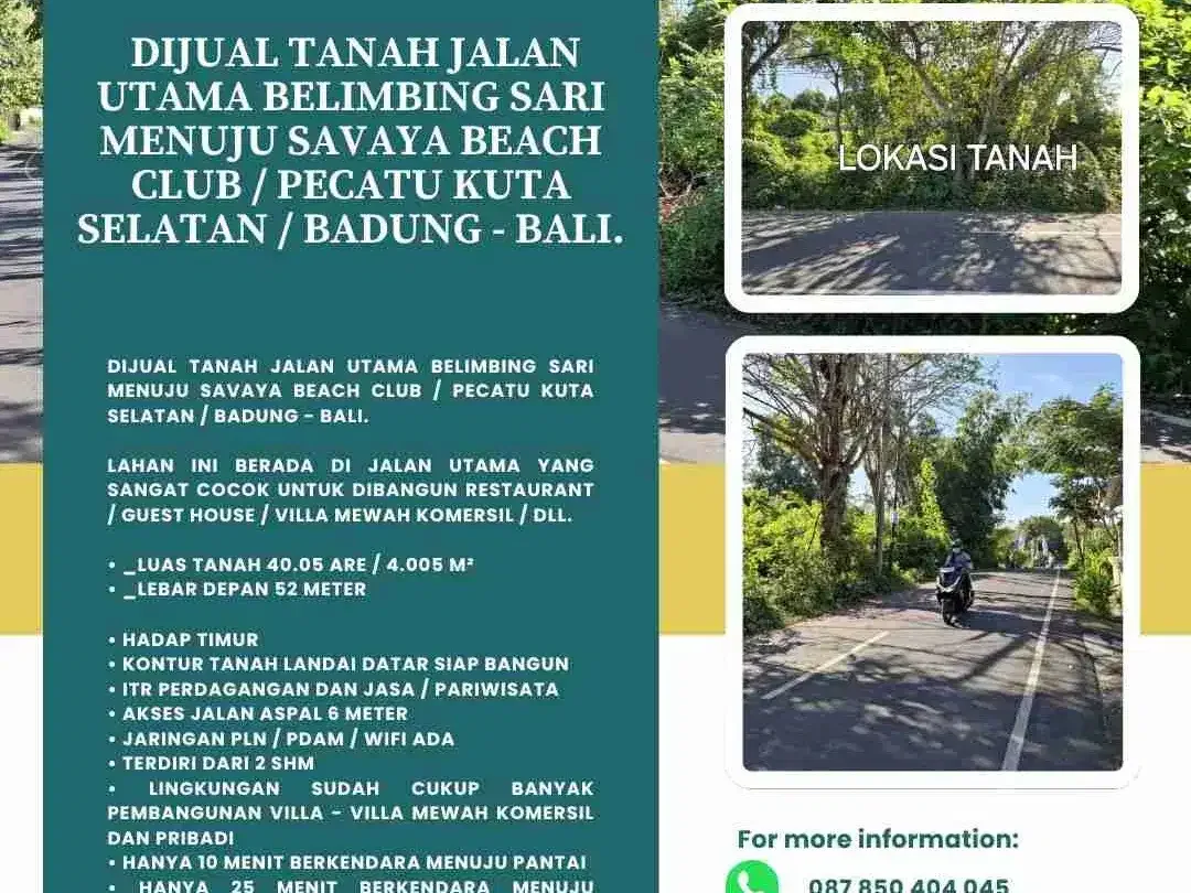 Dijual tanah Jalan utama belimbing sari menuju SAVAYA BEACH CLUB / Pecatu kuta selatan / Badung - Bali. - Image 1 of 7